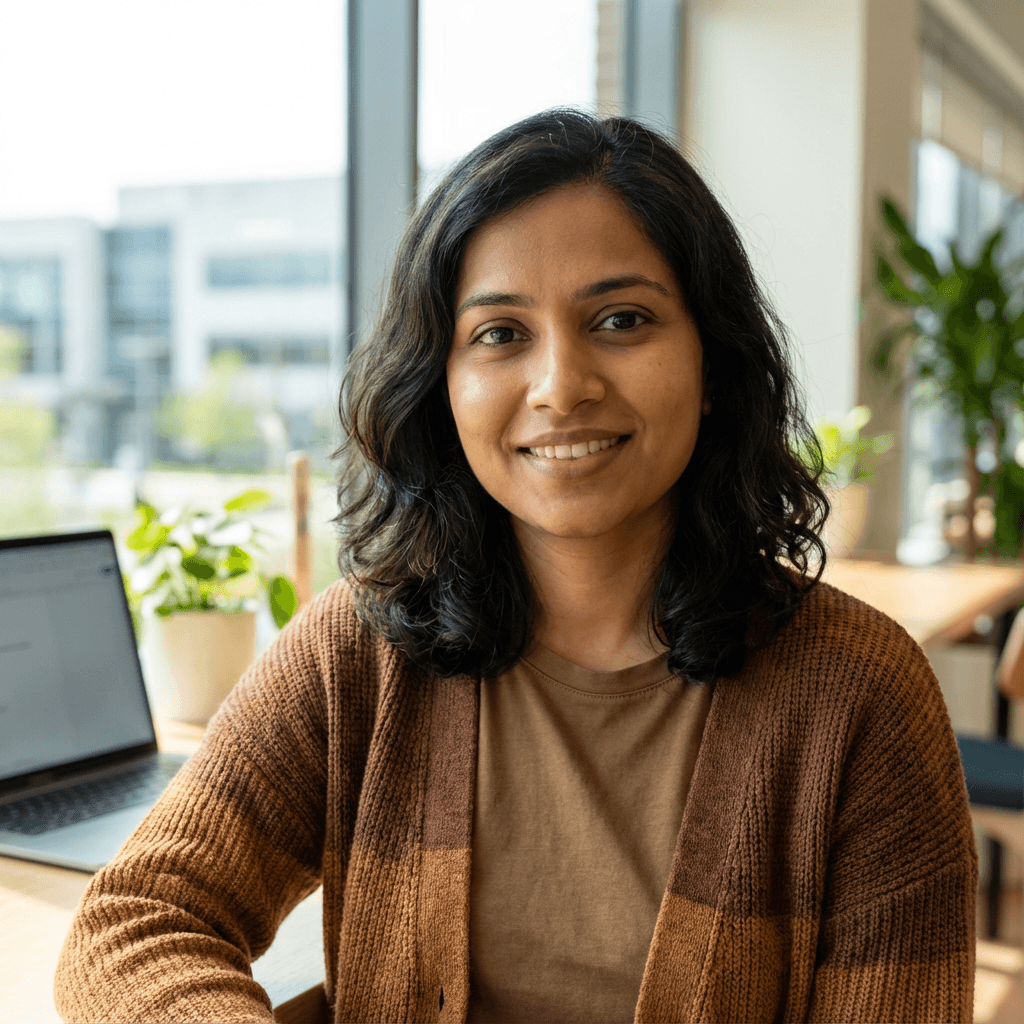 Professional female IT consultant in her late 30s, South Asian, in business attire, approachable and confident in a contemporary office