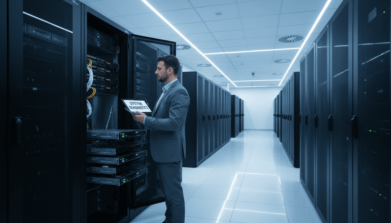 IT consultant inspecting a server rack in a clean data center