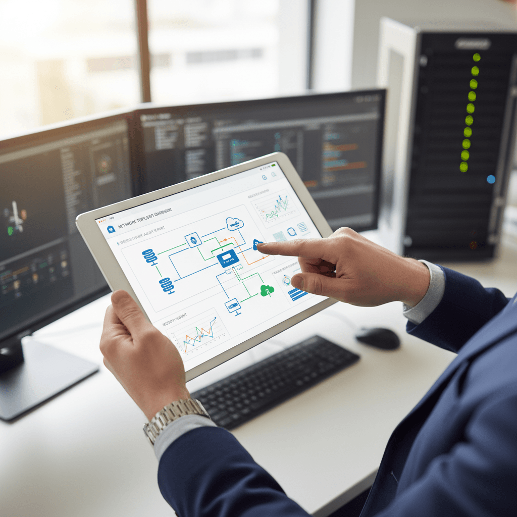 IT consultant analyzing network diagrams on a large screen in a modern office